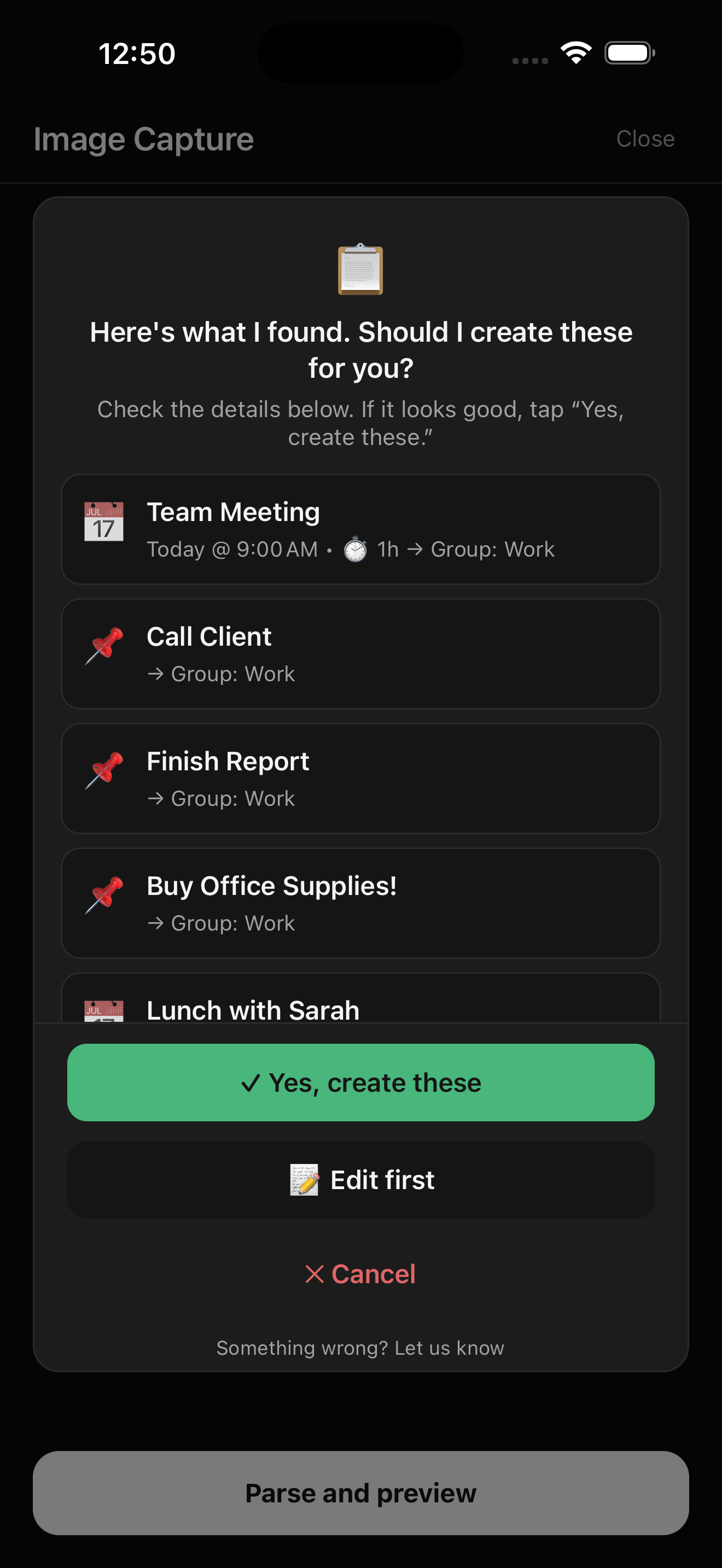 Atlas AI results screen showing tasks and events parsed from a sticky note